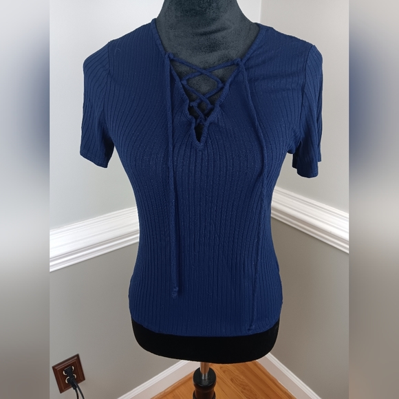 one clothing Tops - Navy blue, lace up front shirt
